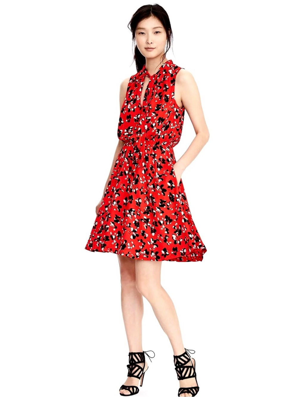Banana Republic Red Floral Tie-Neck Sleeveless Flatter Mini Dress size S P